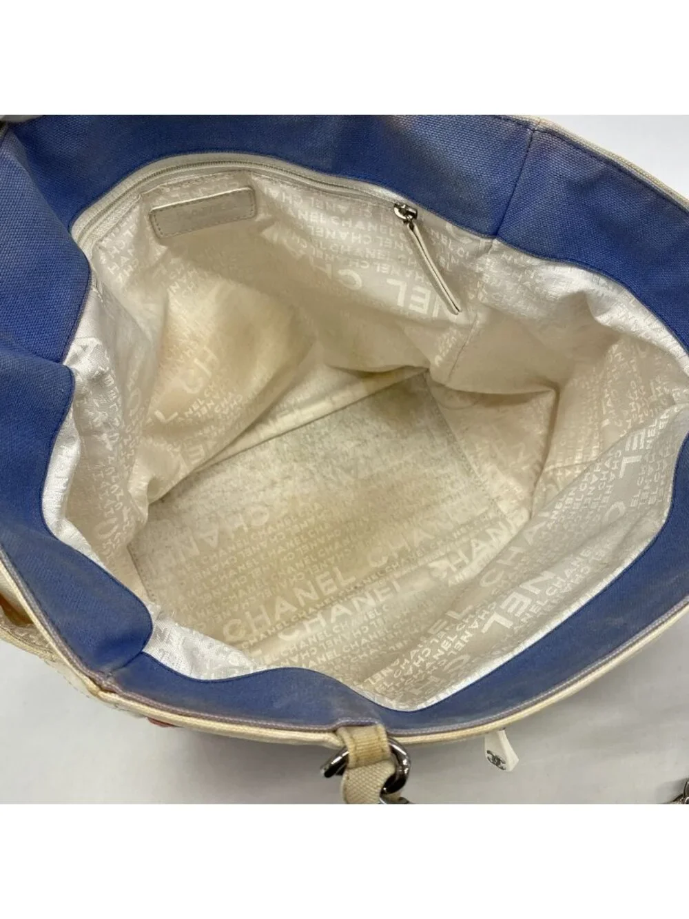 Chanel Chain Tote Bag Canvas White Blue Silver
